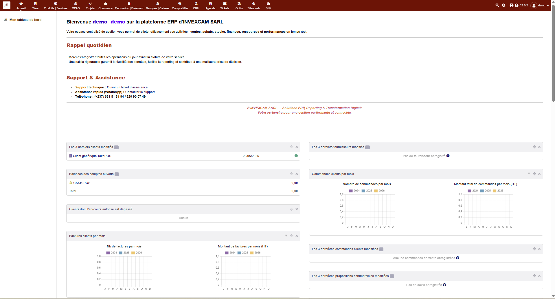 Page d'accueil de la plateforme ERP Dolibarr Invexcam sur erp.invexcam.com