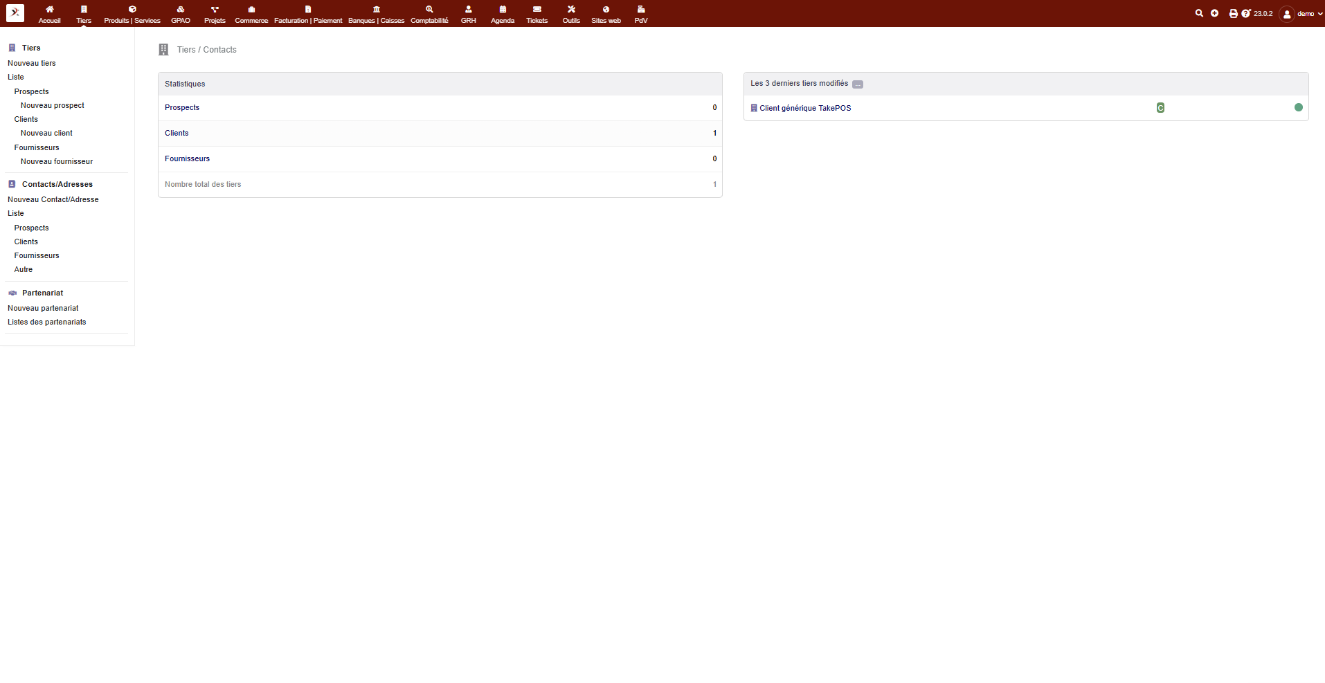 Tableau de bord et reporting de la démo Dolibarr Invexcam