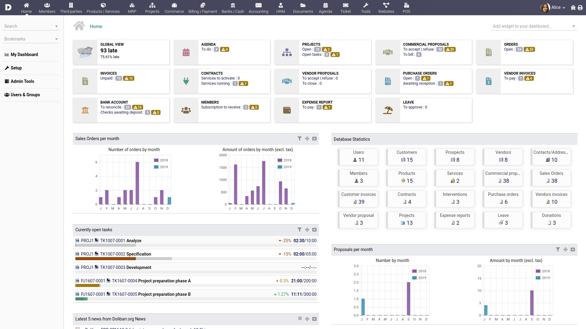Interface de l'ERP Dolibarr : modules de gestion commerciale, facturation et stocks